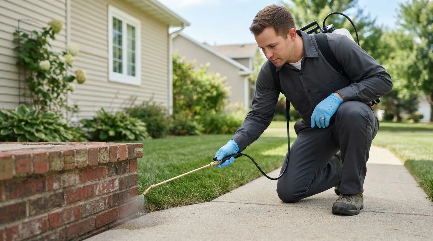 Pest control technician treating a home near Gladys, VA